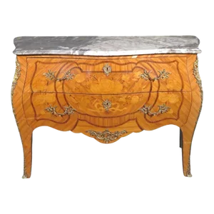 Inlaid Kingwood Louis XV Style Marble Top French Bronze Mounted Commode