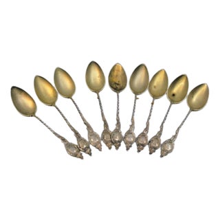 Coffee Spoons in Gilded Silver and Embossed Scrolls, Set of 9 For Sale