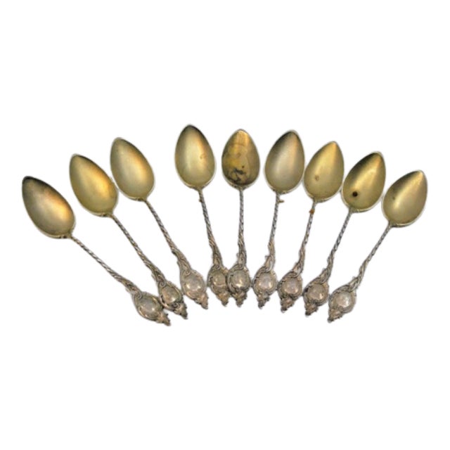 Coffee Spoons in Gilded Silver and Embossed Scrolls, Set of 9 For Sale