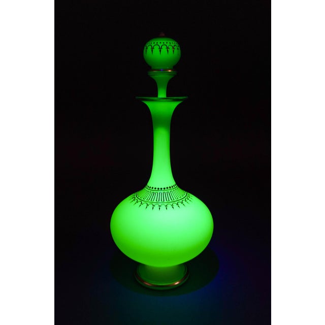 French Opaline Satin Green Gold Gilded Uranium Glass Decanter Bottle. Measures approximately 4" diameter, 9 3/8" tall with...