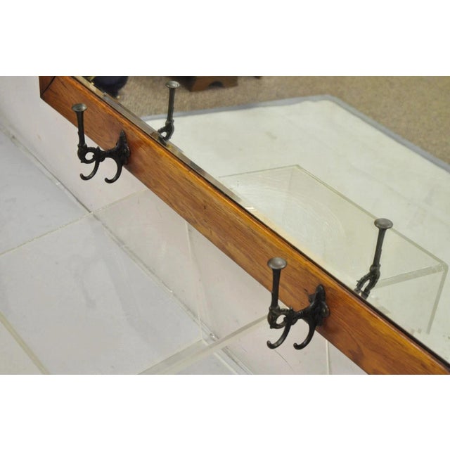 Late 19th Century Antique Arts & Crafts Mission Oak Wood Beveled Glass Hall Mirror Iron Coat Hooks For Sale - Image 5 of 12