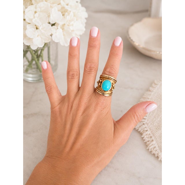 Vintage Italian 18k Gold Turquoise Etruscan Revival Statement Ring, Size 8.5 For Sale - Image 9 of 10