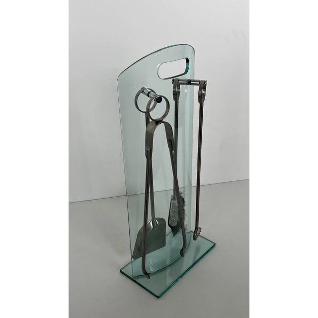 Am Designs Tempered Glass and Brass Fireplace Stand With Brushed Aluminum Tools For Sale - Image 11 of 12