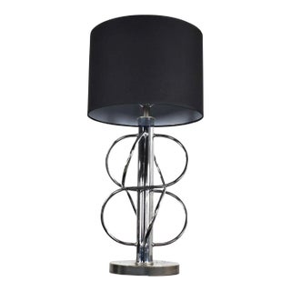 Vintage Mid-Century Modern Table Lamp Polished Chrome New Black Drum Shade For Sale