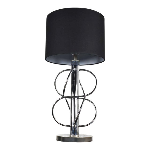 Vintage Mid-Century Modern Table Lamp Polished Chrome New Black Drum Shade For Sale