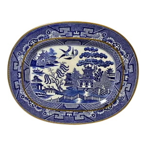 Antique Gold Rimmed Oval Beech Hancock & Company Blue Willow Serving Platter From England - Circa 1851