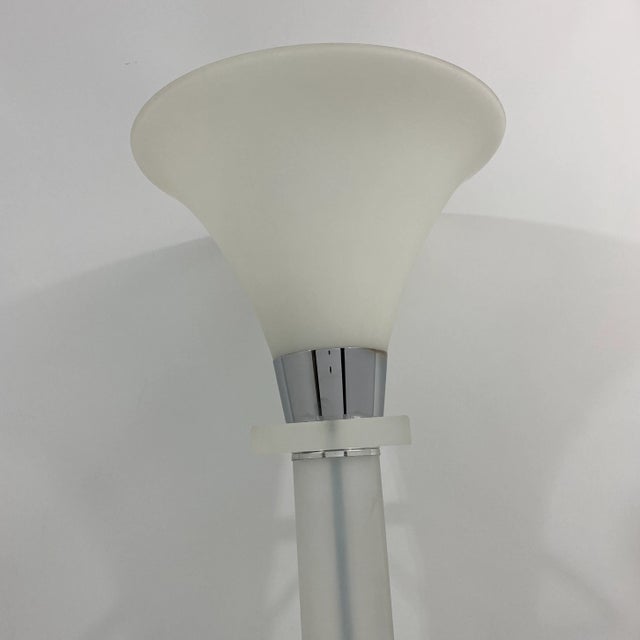 Vintage 1980s lucite and chrome base lamp with a tulip torchiere white frosted opaline glass shade. Lamp is attributed to...