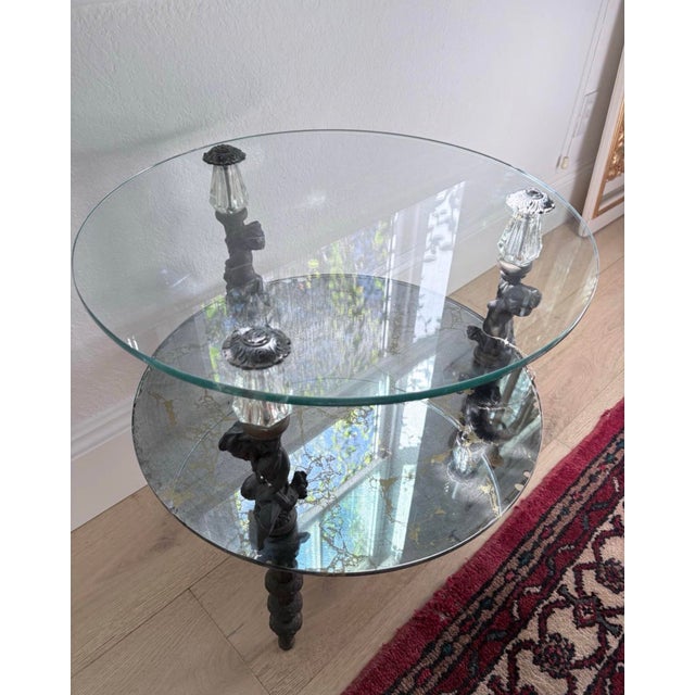 Vintage Hollywood Regency Cherub Two-Tier Glass & Mirrored Side Table For Sale - Image 4 of 4
