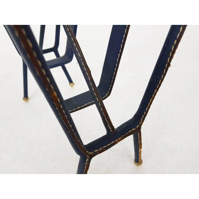 Animal Skin French Blue Leather Stitched Magazine Rack by Jacques Adnet, 1950s For Sale - Image 7 of 9