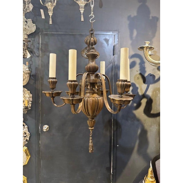 Neoclassical 1920 Caldwell Bronze Chandelier With Patina 6 Lights For Sale - Image 3 of 6