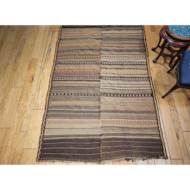 Antique Uzbek Tribal Soumak Kilim, Flat-Woven Wool, Stripe Pattern, Earth Tones, 5x8 For Sale - Image 13 of 14