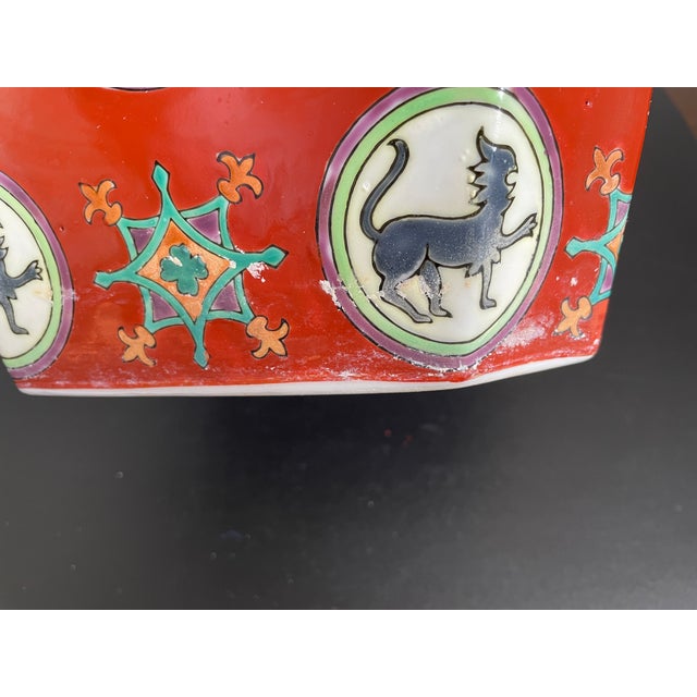 Ceramic Vintage Chinese Enameled Porcelain Planter Pot and Tray With Qilin Motif For Sale - Image 7 of 9