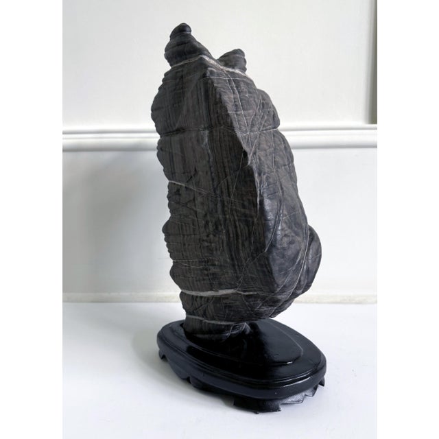 Rare Chinese Antique Black and White Lingbi Scholar Stone on Display Stand For Sale - Image 15 of 18