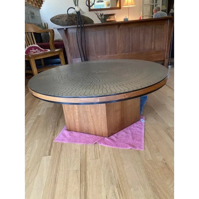 Mid-Century Modern 1972 Brutalist-Style Coffee Table; Signed: "G.Urso" on Etched Aztec Design Metal Top; Walnut Base. For Sale - Image 3 of 12