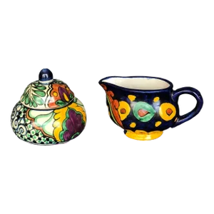 Vintage Mexican Pottery Sugar Bowl & Creamer Pitcher Set