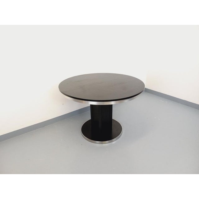 Vintage Round Dining Table in Black Wood-Effect Melamine and Chrome Metal, Space Age/1970s Style, with Integrated Extension For Sale - Image 12 of 18