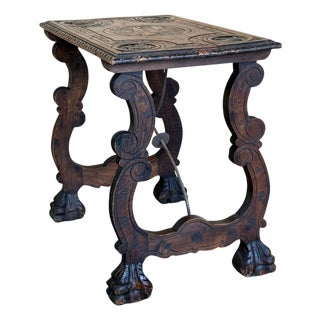 Side Table of Walnut with Carved Lyre Legs and Top, Spanish, 19th Century For Sale