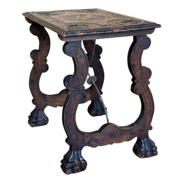 Side Table of Walnut with Carved Lyre Legs and Top, Spanish, 19th Century For Sale