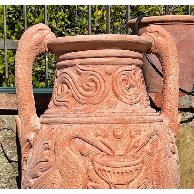 Pair of Impruneta Terracotta Amphoras Decorated with Swans, 20th Century Internal Diameter (cm) 14 Height (cm) 100 Overall...