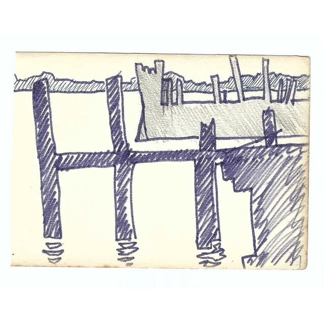 MCM drawing on paper by Robert Henry Angeloch (1922-2011). Drawing along the waterfront in Greenport, Long Island, New...