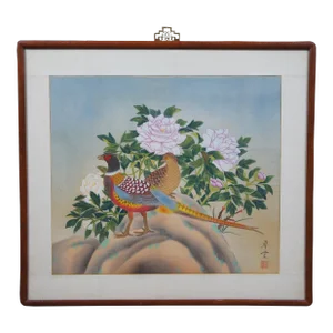 1979 Cui Tang Chinese Pheasants Love Birds Painting on Silk Flowers Peonies 26"