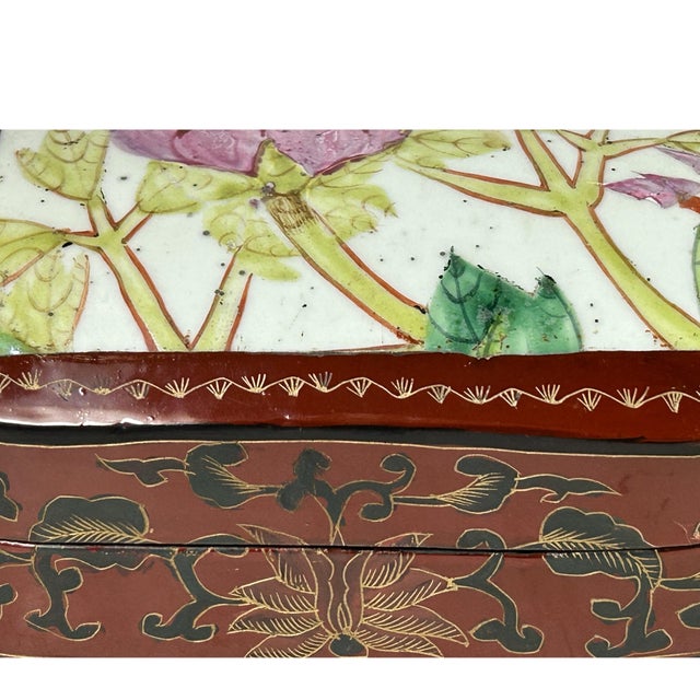 Ceramic Chinese Old White Base Pink Flower Plant Porcelain Art Lacquer Box For Sale - Image 7 of 8