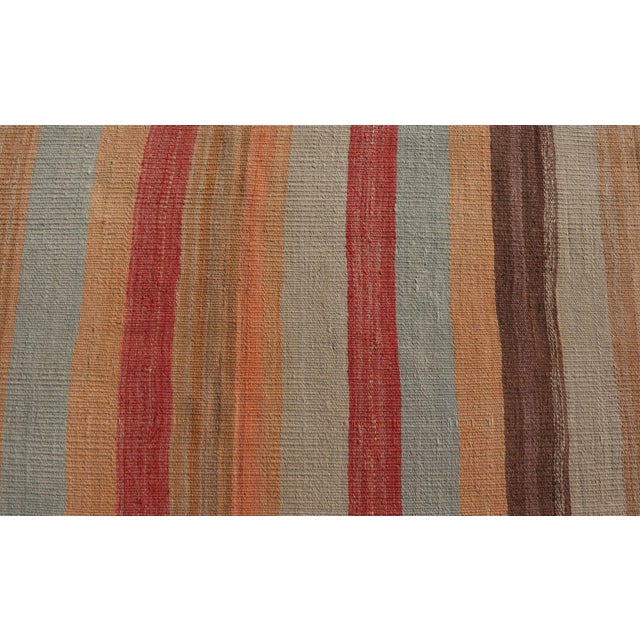 Tan Vintage Turkish Kilim Runner With Coral, Tan and Soft Blue Stripes For Sale - Image 8 of 11