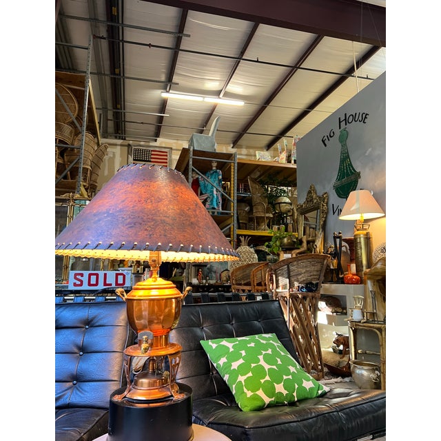 Mid-Century Modern 1970s Large Copper Lamp With Stand, Hot Water Kettle Design With Detailed Stitched Shade For Sale - Image 3 of 5