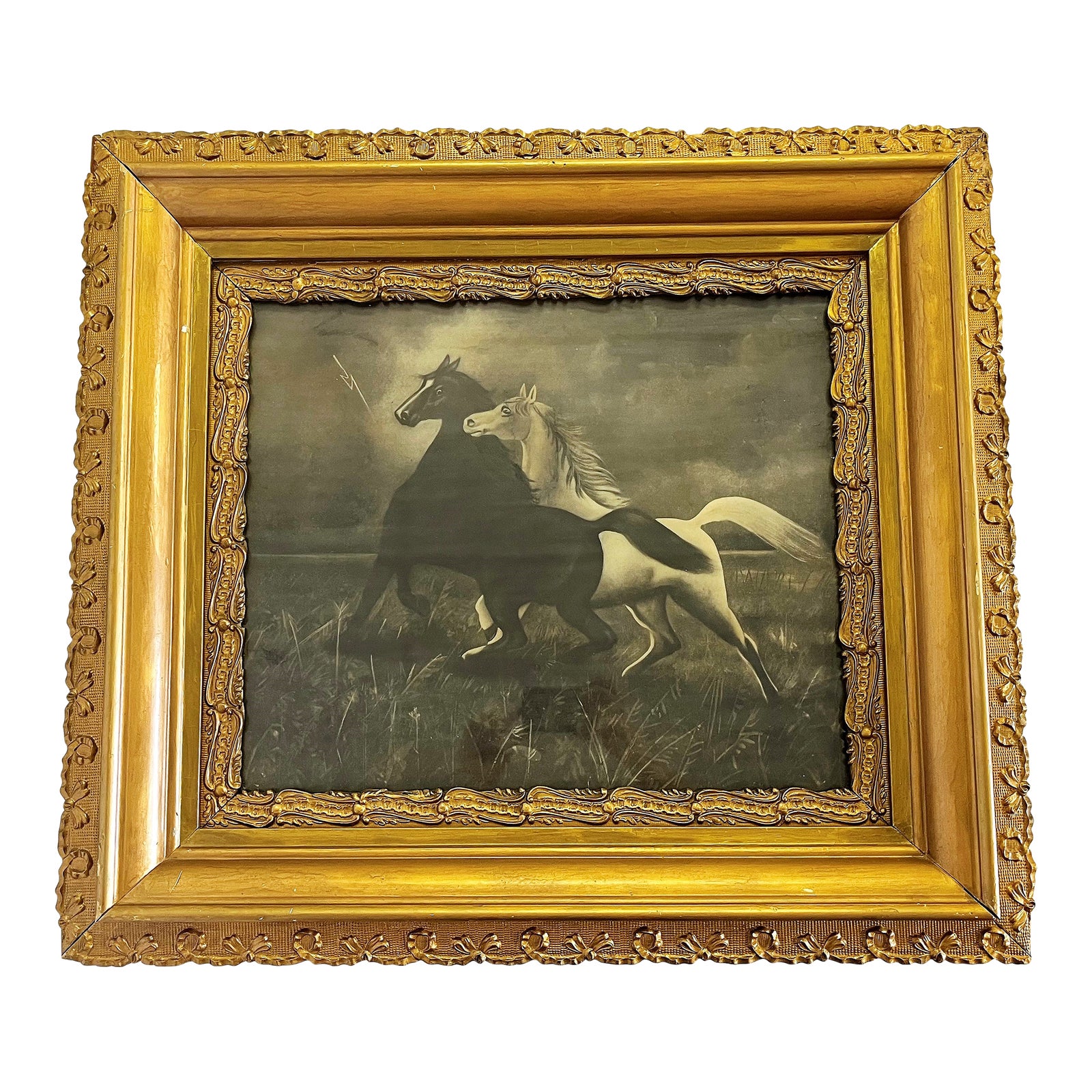 Antique 'Spirited Horses' Chromolithograph by Leroy With French