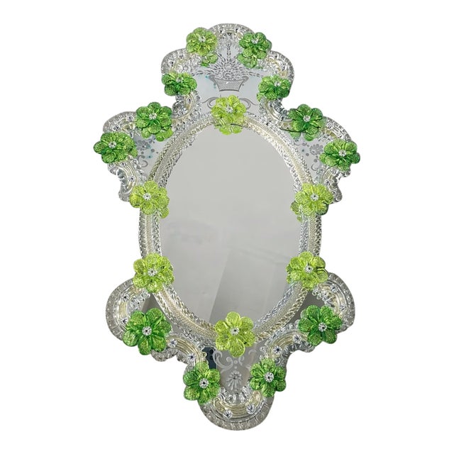 Italian 2000s Venetian Oval Green Floreal Hand-Carving Mirror in Murano Glass Style For Sale