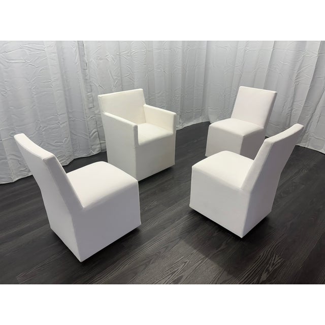 Curated Set of Four RH Ellison Fabric Dining Chairs Perennials® Performance Textured Linen Weave — White Recessed Caster...