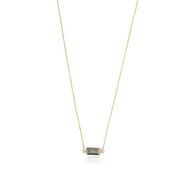 Metal East-West Green Tourmaline & Diamond Pendant Necklace, 3.26ct in 14k Yellow Gold For Sale - Image 7 of 16