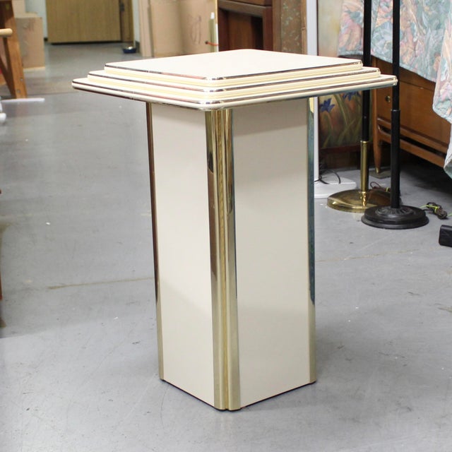 Wood 1970s Cream Column Pedestal With Stepped Top Brass Detail For Sale - Image 7 of 7
