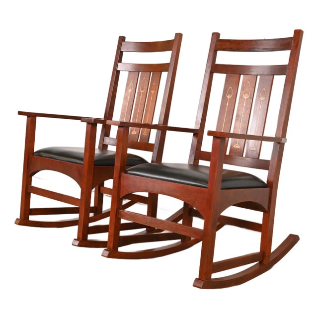 Stickley Harvey Ellis Collection Mission Arts & Crafts Inlaid Cherry Wood and Leather Rocking Chairs, Pair For Sale