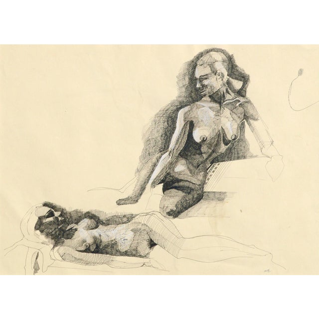 Elegant drawing of two nudes by Michael William Eggleston (American, 20th Century). Signed with the initials "MWE" in the...