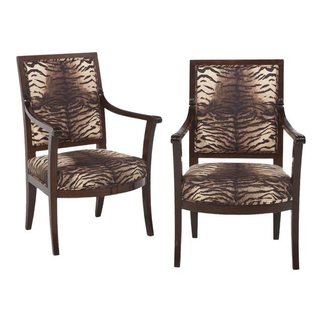Pair of Early 19th Century French Directoire Armchairs Fauteuils in Tiger Print For Sale