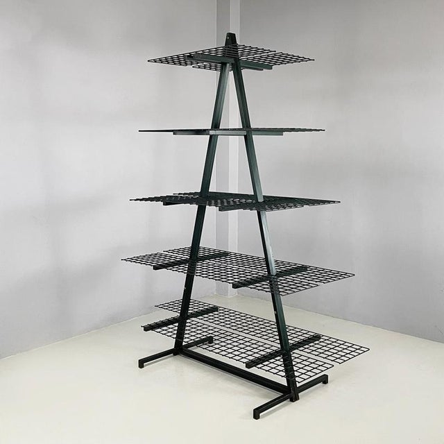 Italian modern Wall o self-supporting bookcases in dark green metal, 1980s Pair of wall bookcases with triangular...