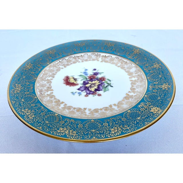 Hollywood Regency Vintage 1930s Rosenthal Germany Turquoise & Gold Encrusted Porcelain Dinner Plate For Sale - Image 3 of 7