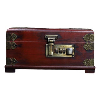 Vintage Redwood Jewelry Box With Combination Lock and Brass Mounts For Sale