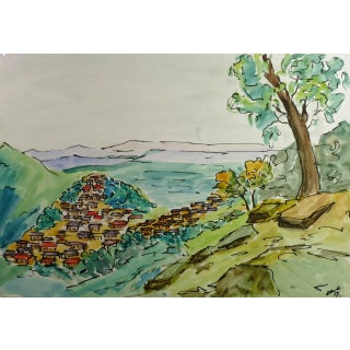R. Routes, Valley Town Watercolor Landscape For Sale
