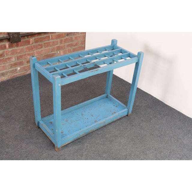 Large vintage robin's egg blue painted wooden stand (ca. 1910-1920, USA). Elegant, yet practical design crafted with 24...