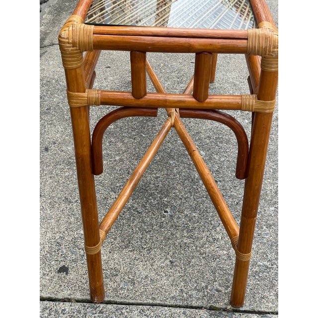Late 20th Century Coastal Bamboo Sofa Console Table Server Rattan Glass Top For Sale - Image 9 of 12