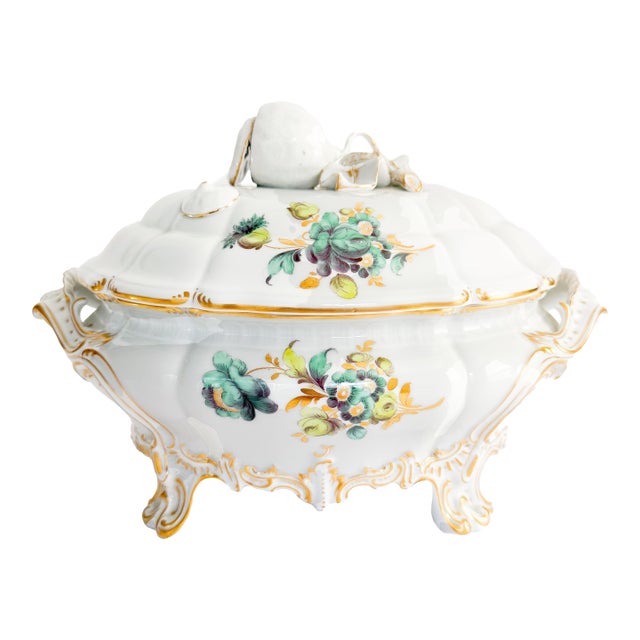 Early 20th Century Nymphenburg Porcelain Tureen With Lemon Finial and Blue Green Floral For Sale