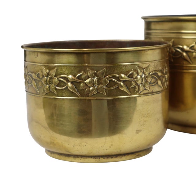Brass Repoussé Flower Planters, France, Set of 3 For Sale - Image 14 of 18