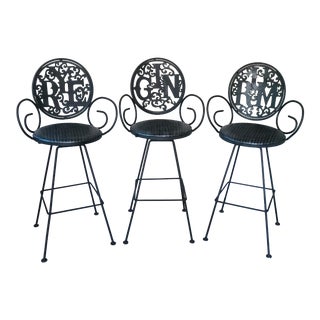 Arthur Umanoff for Shaver Howard Rum Rye Gin Wrought Iron Barstools Set of 3 For Sale