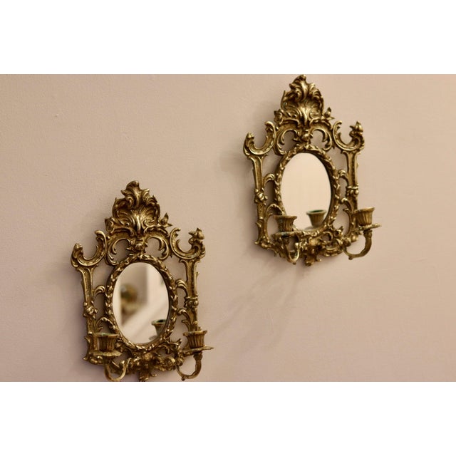 Gold Antique Brass Sconces with Mirrors, Set of 2 For Sale - Image 8 of 10