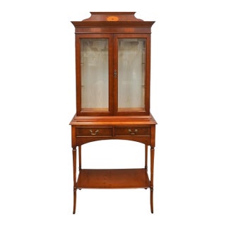 Mid 20th Century Southampton Edwardian Style Marquetry Inlaid Yew Wood Two-Part Display Cabinet For Sale