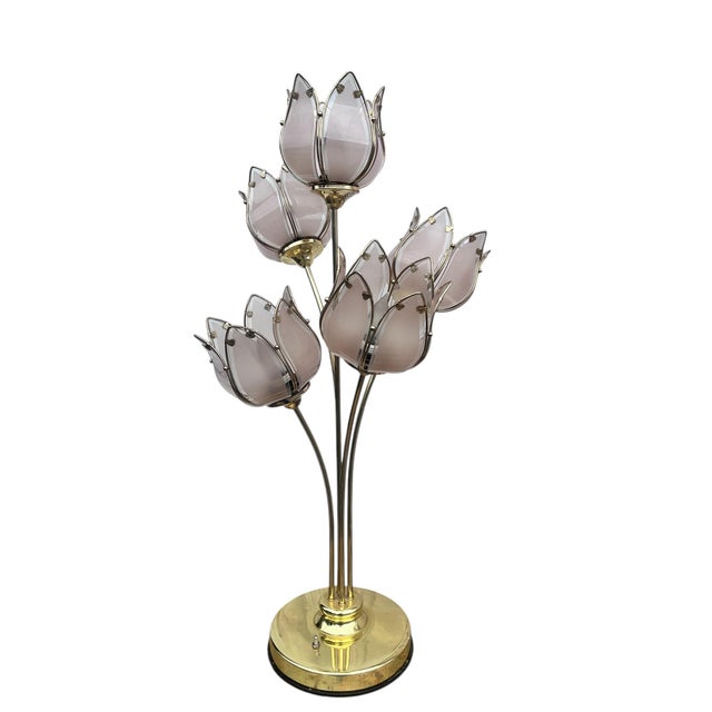 Pair of Italian Mid Century Glass and Brass Lotus Flower Table Lamps For Sale - Image 10 of 12