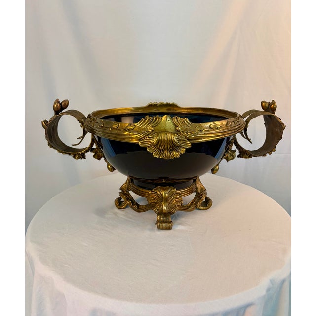Vintage French Sèvres Style Cobalt Porcelain & Ormolu Centerpiece Bowl | Louis XV Revival For Sale - Image 9 of 10