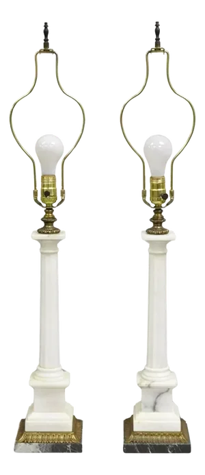 Vintage Italian Neoclassical White Marble Column Form Table Lamps - A Pair